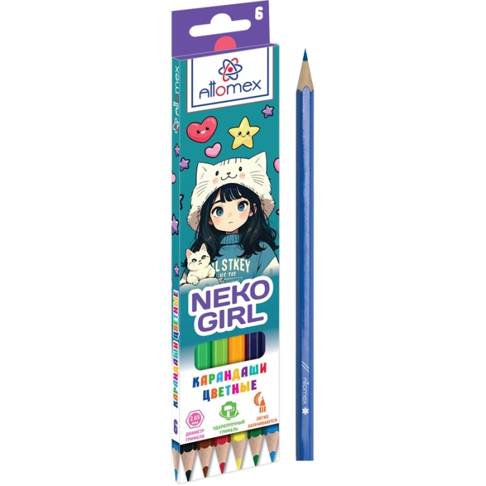 Карандаши цветные 6цв. "NekoGirl" М, 2,65 мм, шестигранные, в картонной коробке
