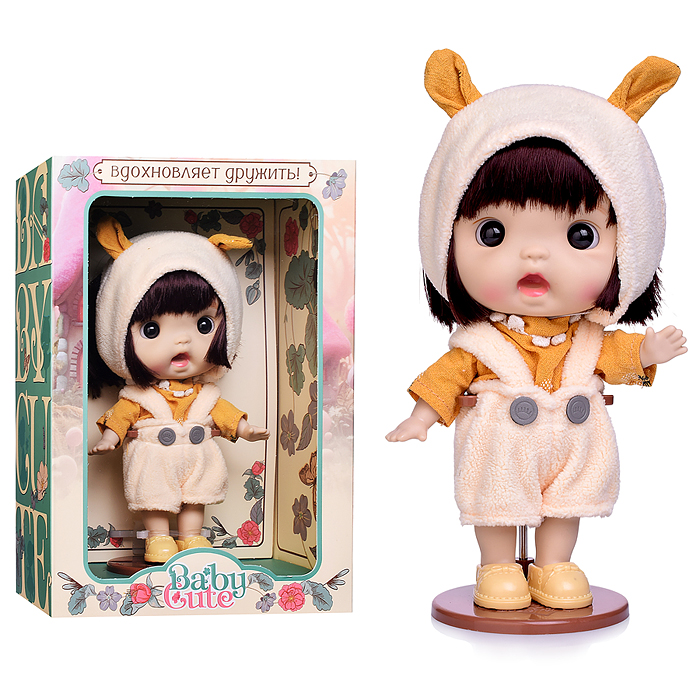 Виниловая кукла Baby Cute Maxi в шапке с желтыми ушками, 18 см 