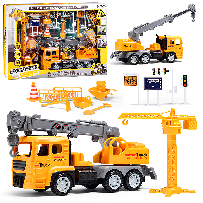 Машина 6607-D1 "Автокран" с дорожными знаками, в коробке