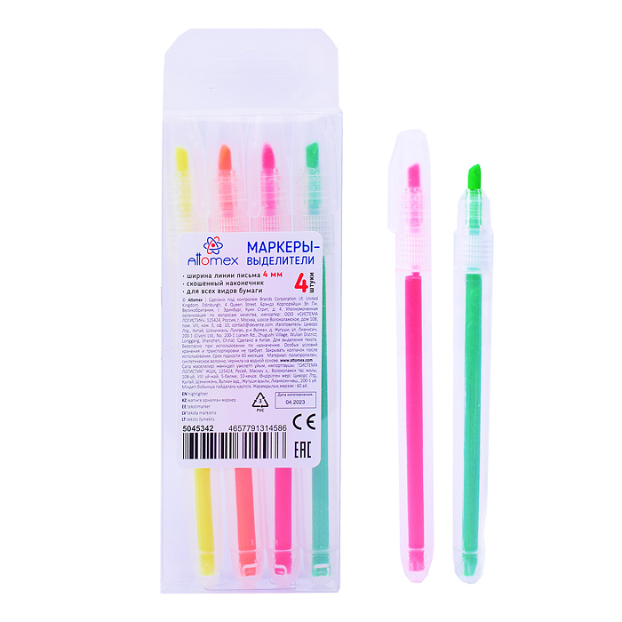 Набор маркеров-выделителей "Attomex" (04 цв - желт, зел, оранж, роз) круглый корпус, скошенный након