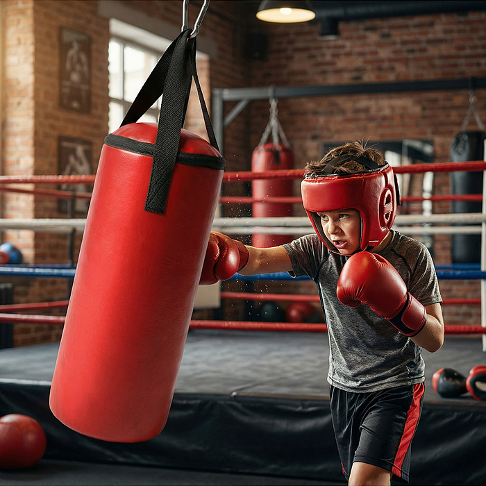 Фото к товару Мешок боксерский Детский 12кг (ПВХ) красный Мешок боксерский Детский 12кг (ПВХ) красный