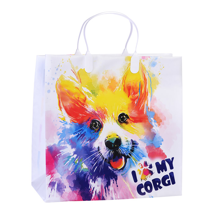 Пакет подарочный 30х30+10, 150мкм из мягкого пластика "Корги" ламинированный