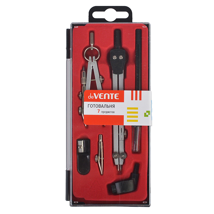 Готовальня (7 предметов) в пластиковом футляре с красным ложементом Готовальня (7 предметов) в пластиковом футляре с красным ложементом