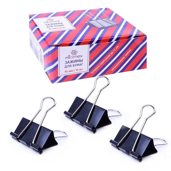Зажим для бумаг "Attomex" металлический (41 мм) толщина скрепления до 17 мм, черный, 12 шт в картонн