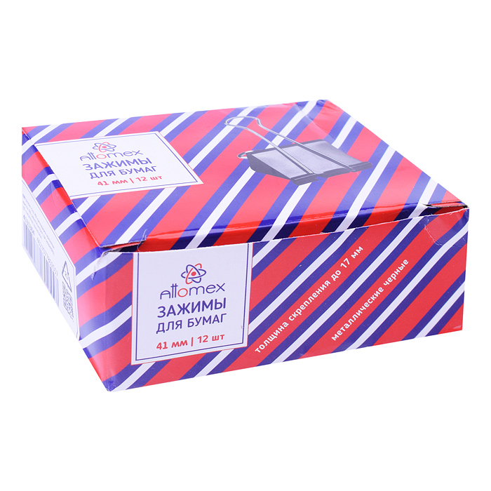 Зажим для бумаг "Attomex" металлический (41 мм) толщина скрепления до 17 мм, черный, 12 шт в картонн