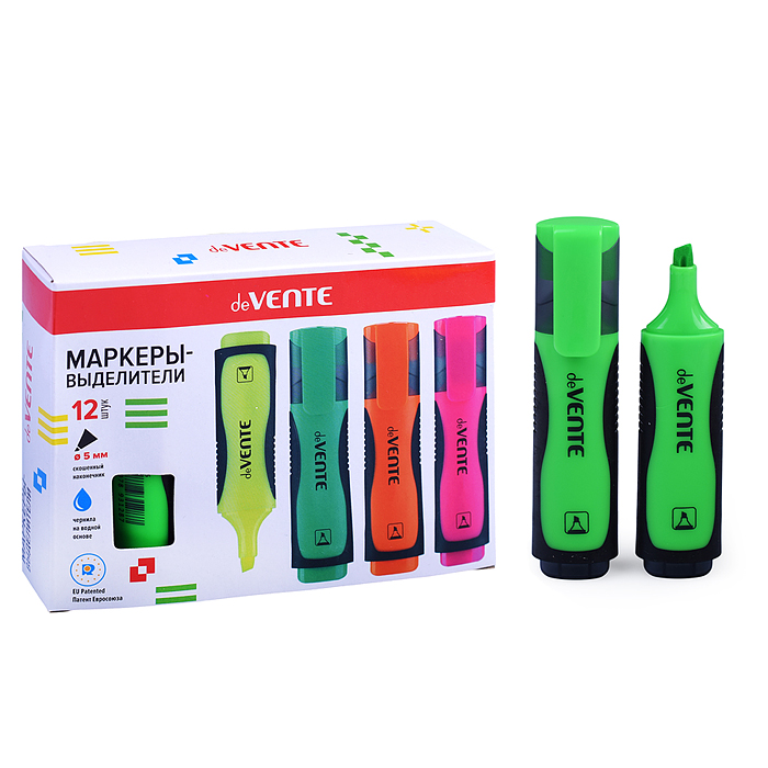 Маркер-выделитель зеленый, плоский корпус с каучуковыми вставками, с клипом, скошенный наконечник