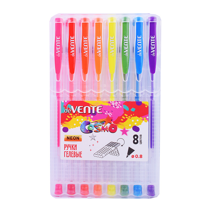 Фото к товару Набор ручек гелевых "Cosmo Fluo" 8 флуоресцентных неоновых цветов, d=0,8 мм, прозрачный ко Набор ручек гелевых "Cosmo Fluo" 8 флуоресцентных неоновых цветов, d=0,8 мм, прозрачный ко