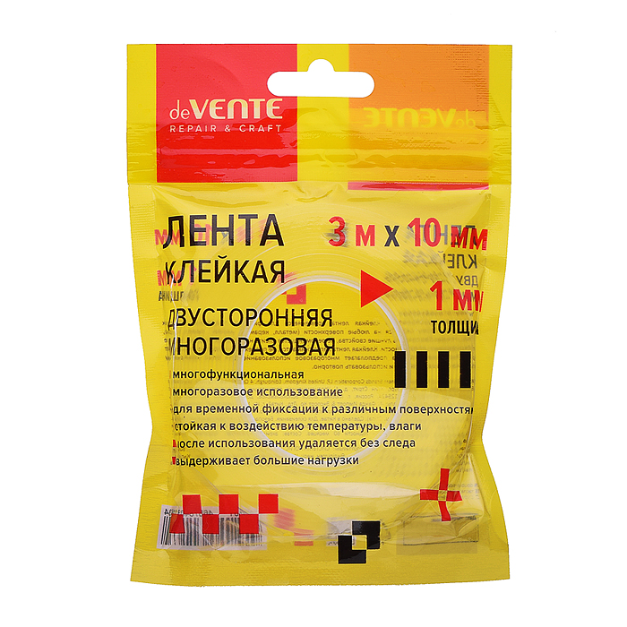 Клейкая лента двусторонняя "Repair & craft" многоразовая, прозрачная, 3 м х 10 мм, толщиной
