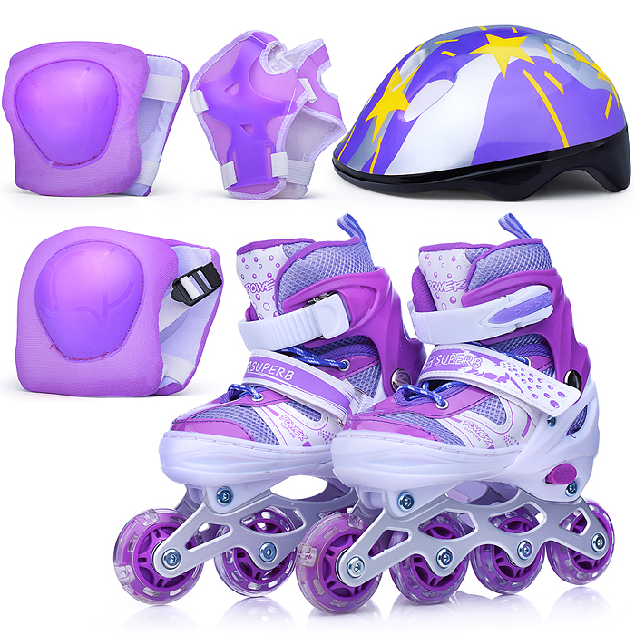 Ролики детские, размер S, фиолетовый (со шлемом и защитным снаряжением)