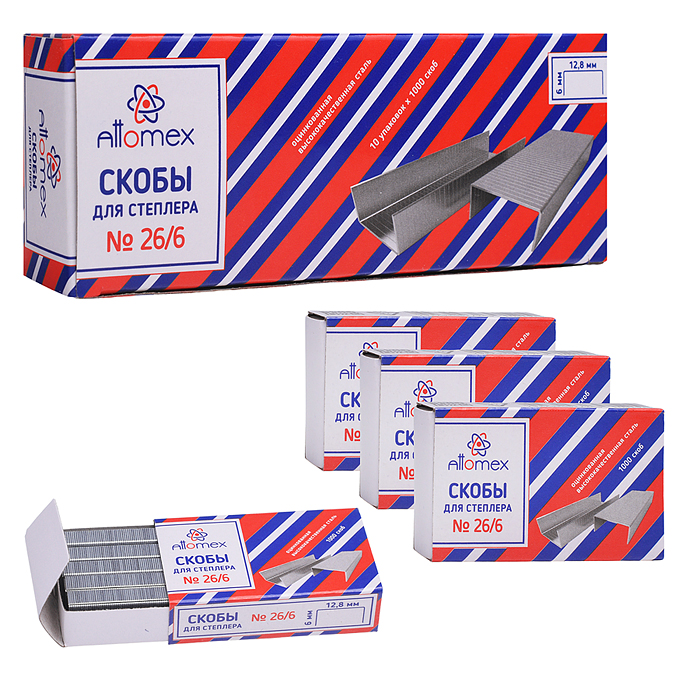 Скобы для степлера "Attomex" 26/6 1000 шт в картонной коробке, оцинкованные