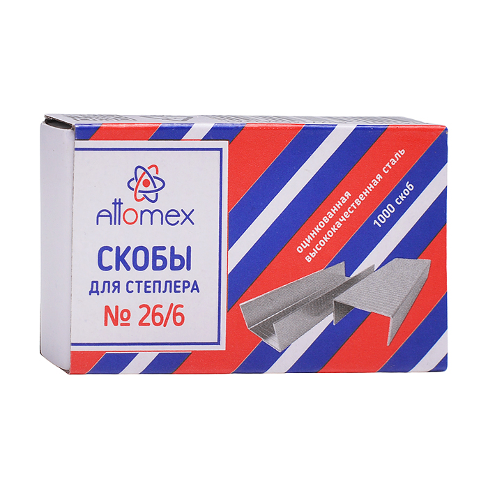 Скобы для степлера "Attomex" 26/6 1000 шт в картонной коробке, оцинкованные