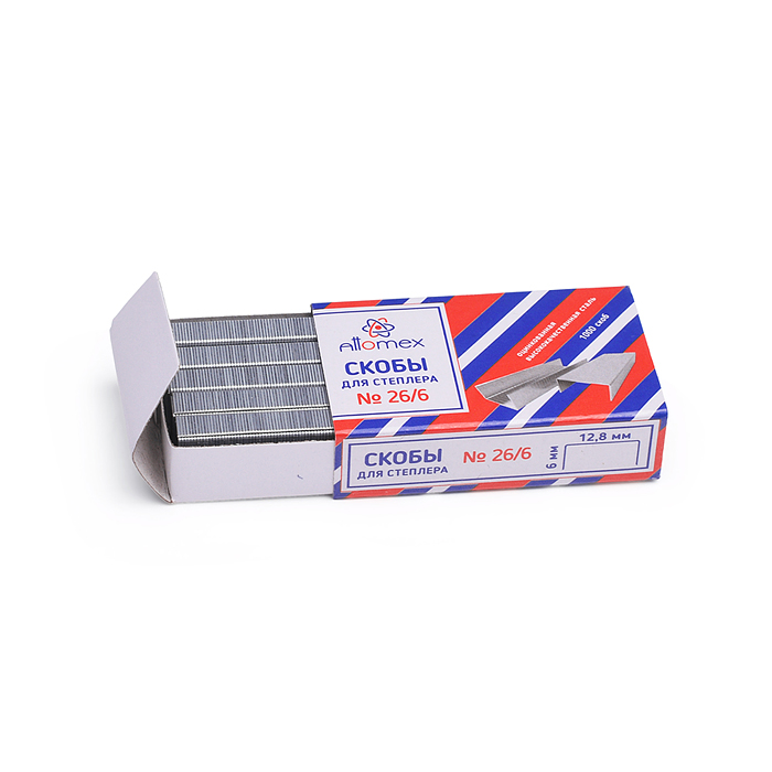 Скобы для степлера "Attomex" 26/6 1000 шт в картонной коробке, оцинкованные