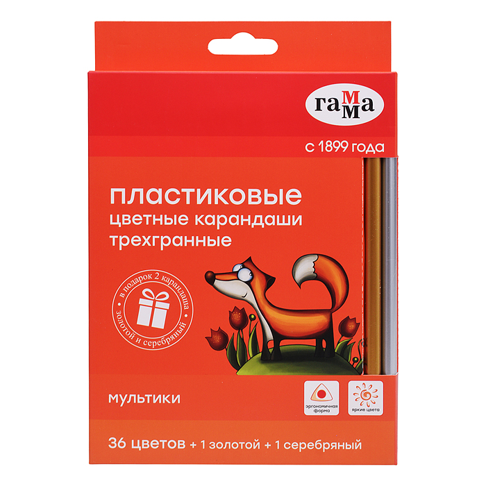 Фото к товару Карандаши цветные "Гамма" 36цв.+1 золотой +1 серебряный, трехгранные, заточенные Карандаши цветные "Гамма" 36цв.+1 золотой +1 серебряный, трехгранные, заточенные