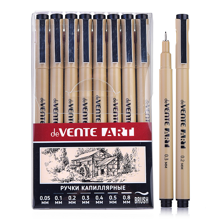 Набор ручек капиллярных "ART" 08 шт, d=0,05, 0,1, 0,2, 0,3, 0,4, 0,5, 0,8 мм и кистевидный,