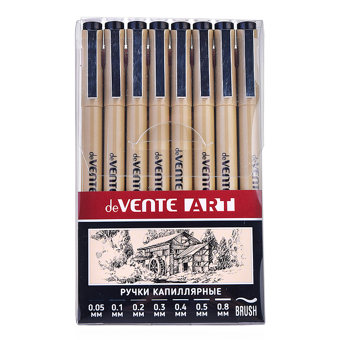 Набор ручек капиллярных "ART" 08 шт, d=0,05, 0,1, 0,2, 0,3, 0,4, 0,5, 0,8 мм и кистевидный,