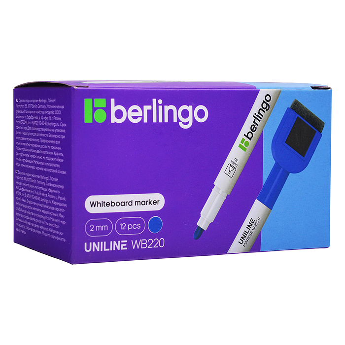Маркер для белых досок на магните "Uniline WB220" синий, пулевидный, 2мм