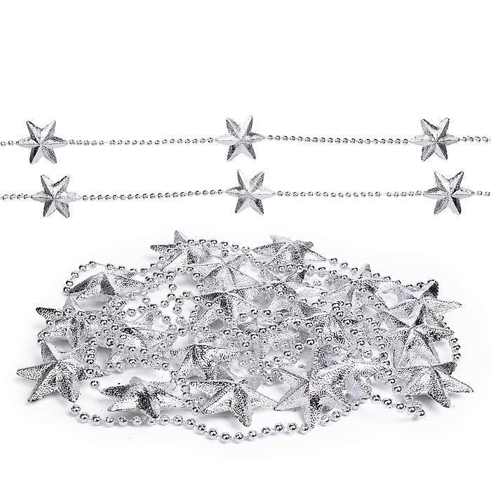 Бусы новогодние S2640 "Серебряные" со звёздами (3,5м)в пакете