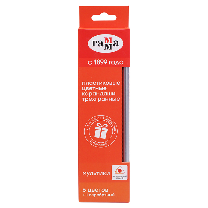 Карандаши цветные "Гамма" 6цв. + 1 серебряный, пластиковые, трехгранные, заточен., картон.,