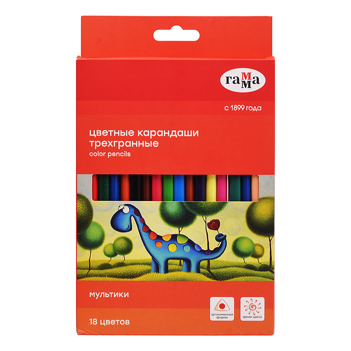 Карандаши цветные "Гамма" 18цв., трехгранные, заточен., картон. упак., европодвес 