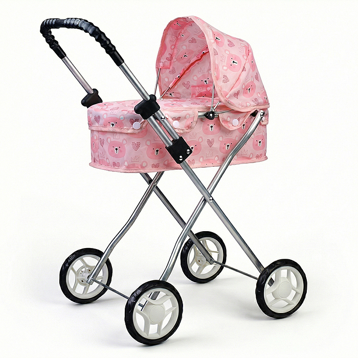 Коляская кукольная 9320 прогулочная, металлическая, складная, принт мишки