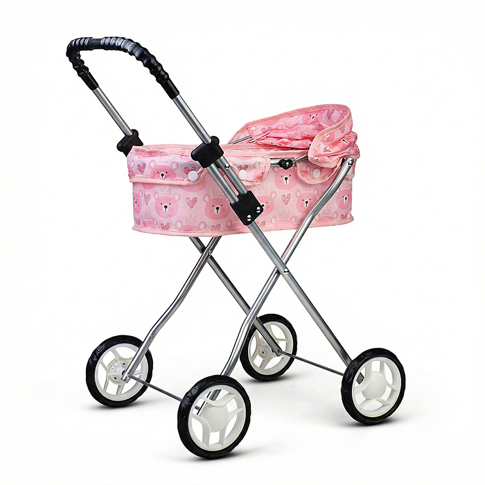 Коляская кукольная 9320 прогулочная, металлическая, складная, принт мишки
