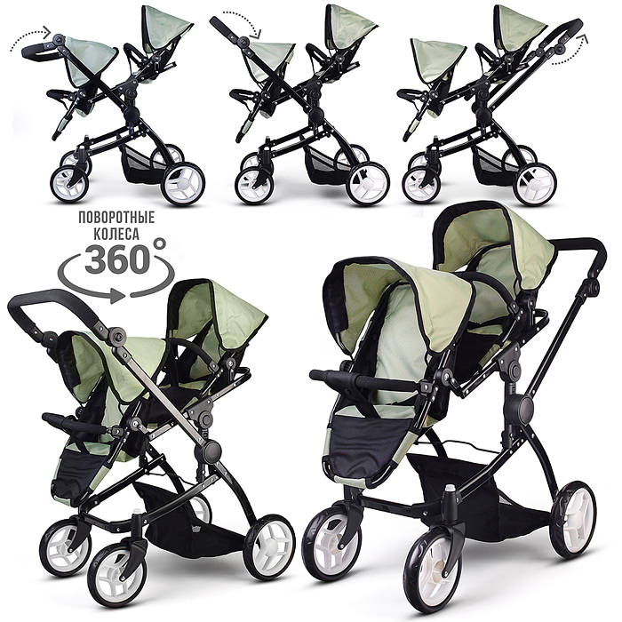 Коляская кукольная 9651H металлическая, для двойни, регулируемая посадка