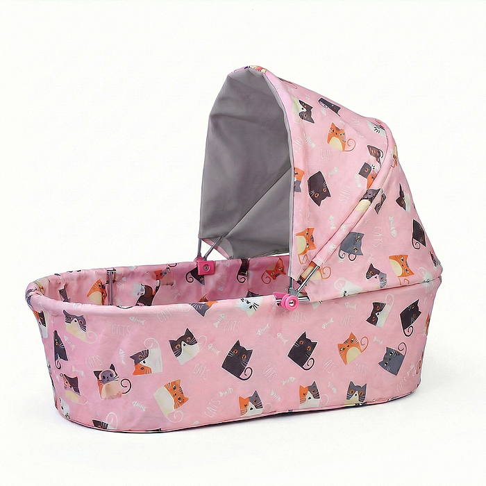 Коляская кукольная 9325B прогулочная,металлическая, складная, с корзиной и сумкой, принт коты