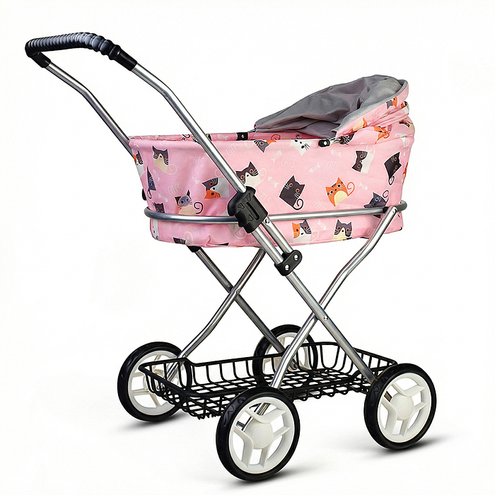 Коляская кукольная 9325B прогулочная,металлическая, складная, с корзиной и сумкой, принт коты