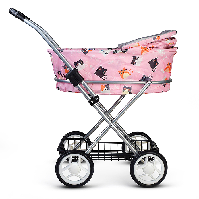 Коляская кукольная 9325B прогулочная,металлическая, складная, с корзиной и сумкой, принт коты