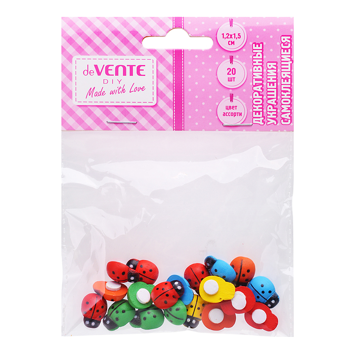 Декоративные украшения "Божьи коровки" деревянные, самоклеящиеся, размер 12x15 мм, 20 шт, ассорти