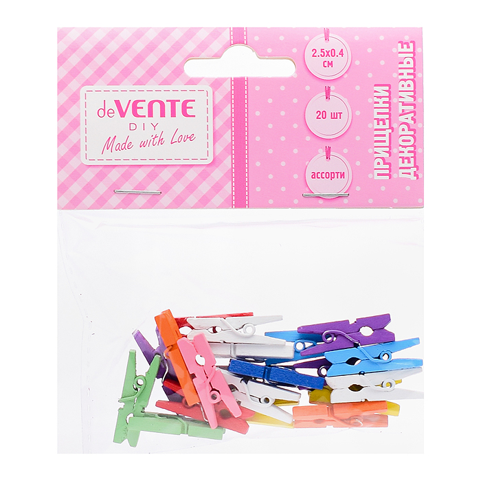 Прищепки декоративные "Цветной микс" деревянные, размер 25x4 мм, 20 шт ассорти цветов, в пл