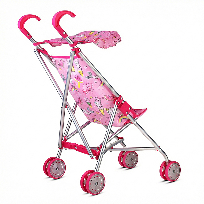 Коляская кукольная 9302S трость с крышей, металлическая, принт розовый мир