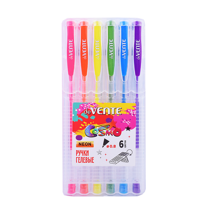 Набор ручек гелевых 6 флуоресцентных неоновых цветов, d=0,8 мм, прозрачный ко