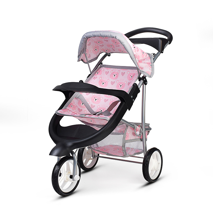 Коляская кукольная 9614 металлическая, 3-х колесная, с корзиной, козырьком и столиком