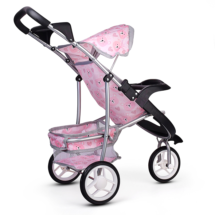 Коляская кукольная 9614 металлическая, 3-х колесная, с корзиной, козырьком и столиком