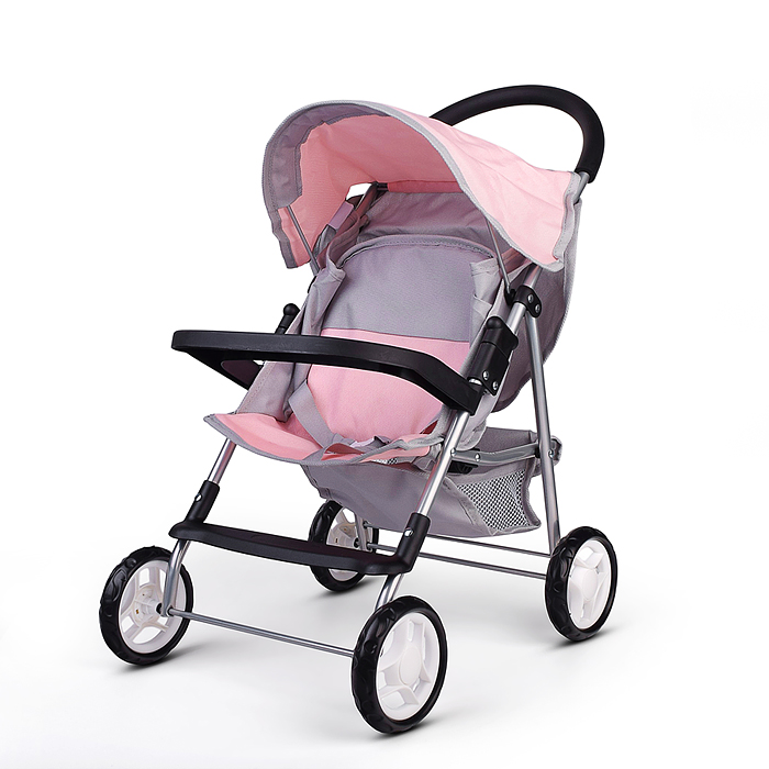 Коляская кукольная 9617 металлическая, с корзиной, столиком и козырьком
