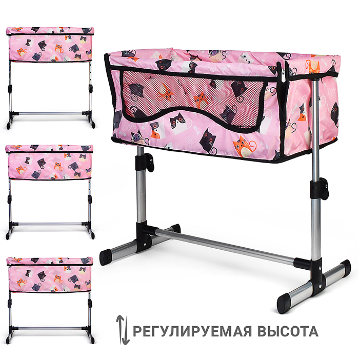Кроватка кукольная 9339A металлическая, принт коты