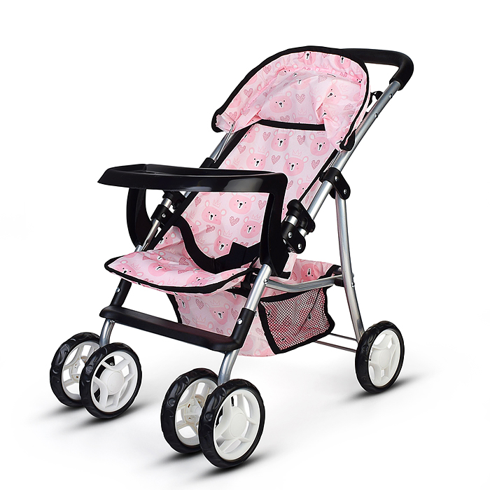 Коляская кукольная 9304BW-T металлическая, со столиком, корзиной и козырьком, принт мишки