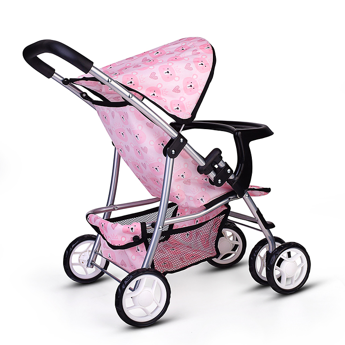 Коляская кукольная 9304BW-T металлическая, со столиком, корзиной и козырьком, принт мишки