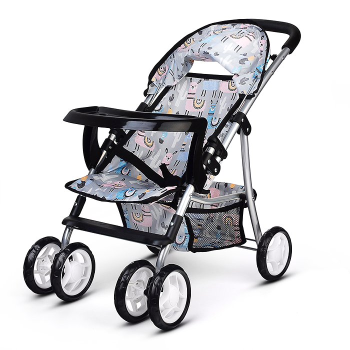 Коляская кукольная 9304BW-T металлическая, с корзиной, столиком и козырьком, принт альпаки