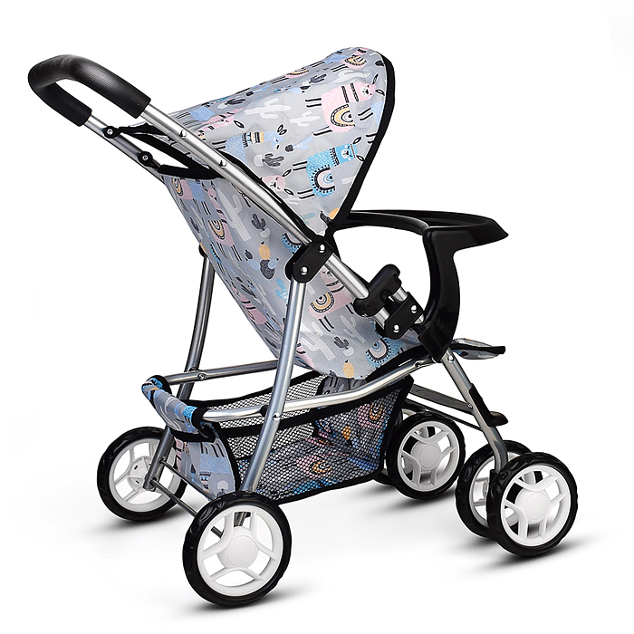 Коляская кукольная 9304BW-T металлическая, с корзиной, столиком и козырьком, принт альпаки