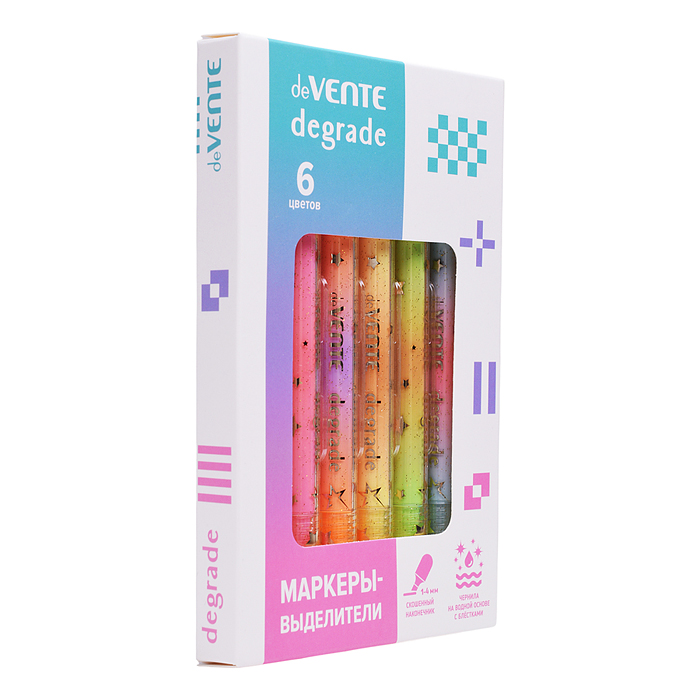 Фото к товару Набор маркеров-выделителей "Degrade" (06 цв. - оранж, желт, зел, гол, роз, капуч.) Набор маркеров-выделителей "Degrade" (06 цв. - оранж, желт, зел, гол, роз, капуч.)