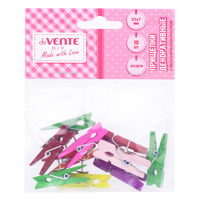 Прищепки декоративные с металлической кнопкой "Spin & Pin" деревянные, 35x7 мм, 10 шт, в пл