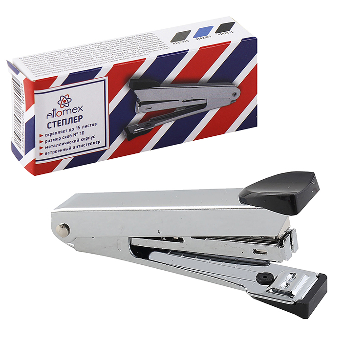 Степлер "Attomex" № 10 (мощность 15 листов, глубина скрепления 54 мм) металлический, со встроенным м