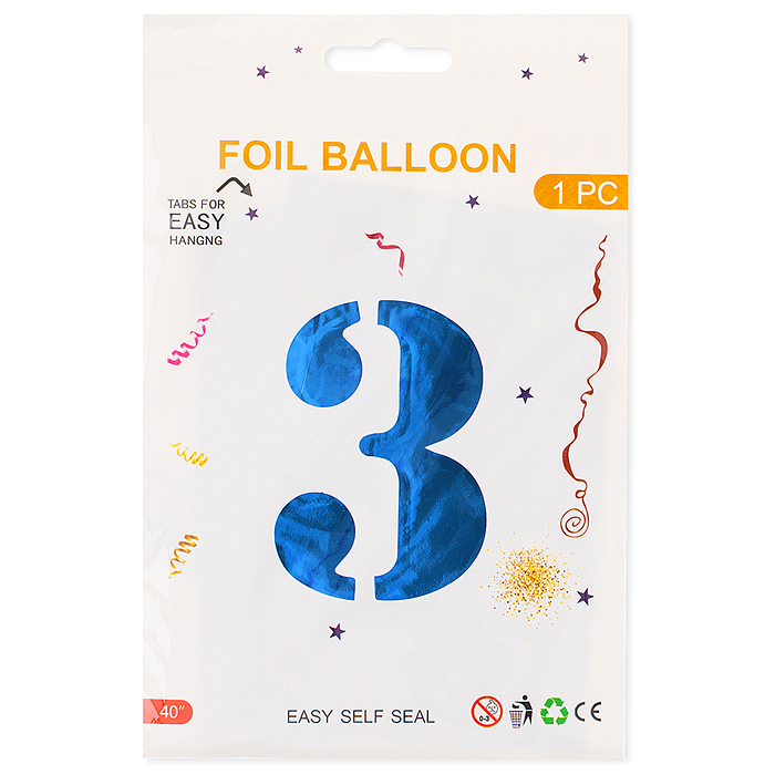 Шар (40''/102 см) Цифра, 3, Синий, Металлик, 1 шт. в уп.