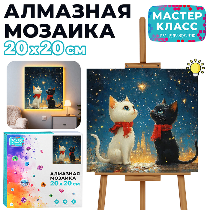 Мозаика алмазная MKA2020-43 "Дружные котята" (светится в темноте) 20*20см.