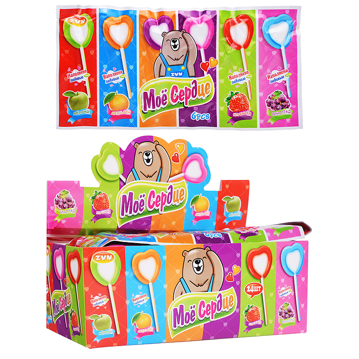 Конфета "Моё сердце" со вкусом клубники, апельсина, яблока, винограда.18г* 24шт