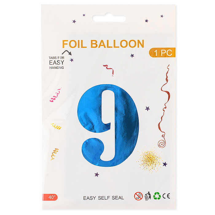 Шар (40''/102 см) Цифра, 9, Синий, Металлик, 1 шт. в уп.