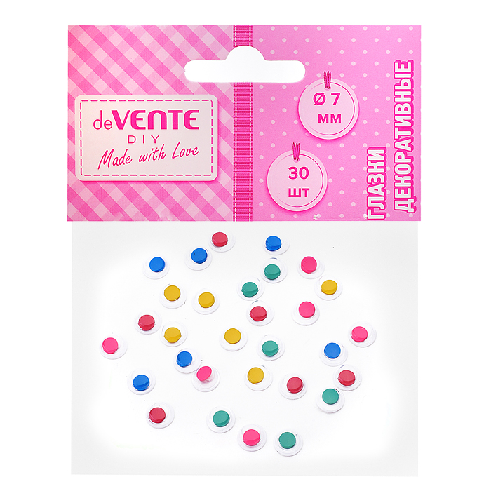 Глазки декоративные круглые пластиковые, самоклеящиеся, цвет ассорти 30шт, 7 мм в пластико