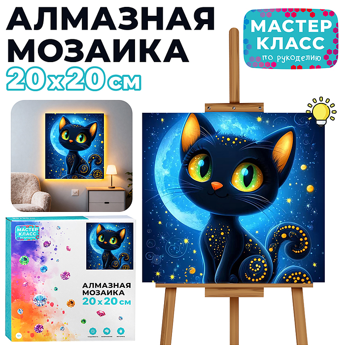 Мозаика алмазная MKA2020-48 "Чёрная кошечка" (светится в темноте) 20*20см.